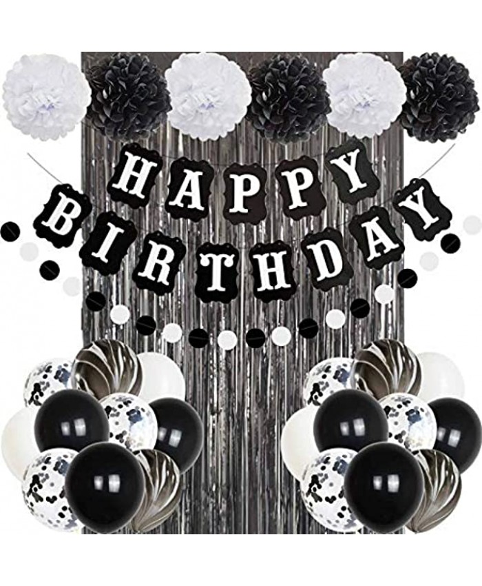 ANSOMO Black and White Happy Birthday Party Decorations 30 Pcs Balloons Banner Foil Fringe Curtains for Men Women