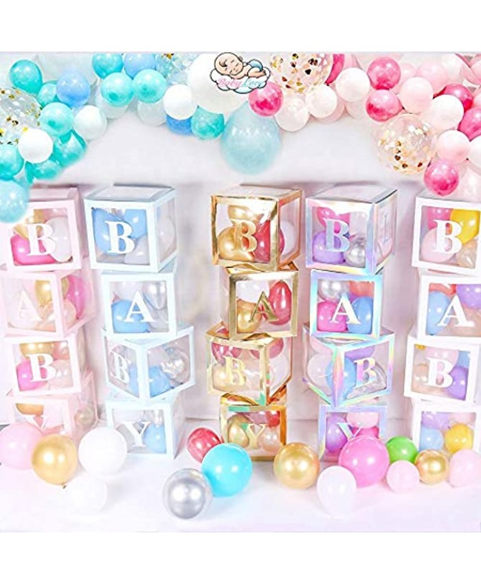 Baby Shower Boxes Party Decorations – 4 pcs Transparent Balloons Boxes Décor with Letters Individual BABY Blocks Design for Boys Girls Baby Shower Decorations Gender Reveal Bridal Showers Birthday Party Backdrop