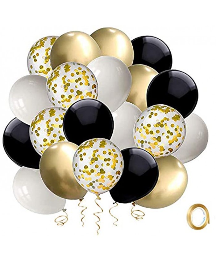 Black and Gold Confetti Balloons 50 Pack 12inch White Latex Party Balloon Set with Gold Ribbon for Graduation Wedding Birthday Baby Shower Decorations