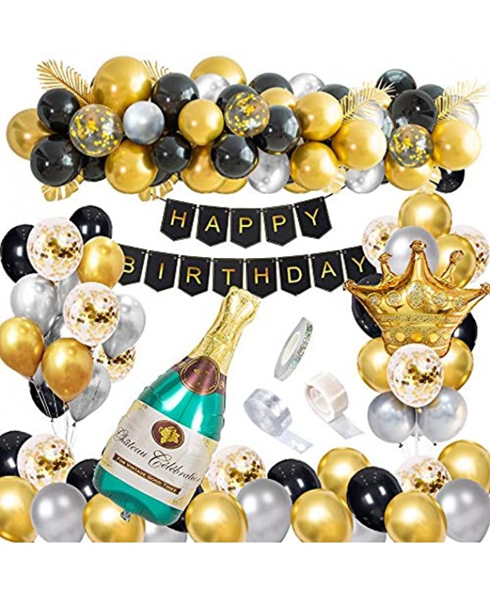Black and Gold Party Decorations Happy Birthday Confetti Balloons with Banner Giant Champagne Foil Balloons，Crown Balloons for18th 20th 30th 40th 50th 60th 70th Birthday Decorations