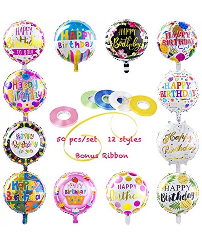 Happy Birthday Aluminum Foil Balloons 50-Pieces with 100 Meter Ribbons Helium Floating Mylar Balloon Party Decoration Supplies 18 Inches Round Inflatable Balloons