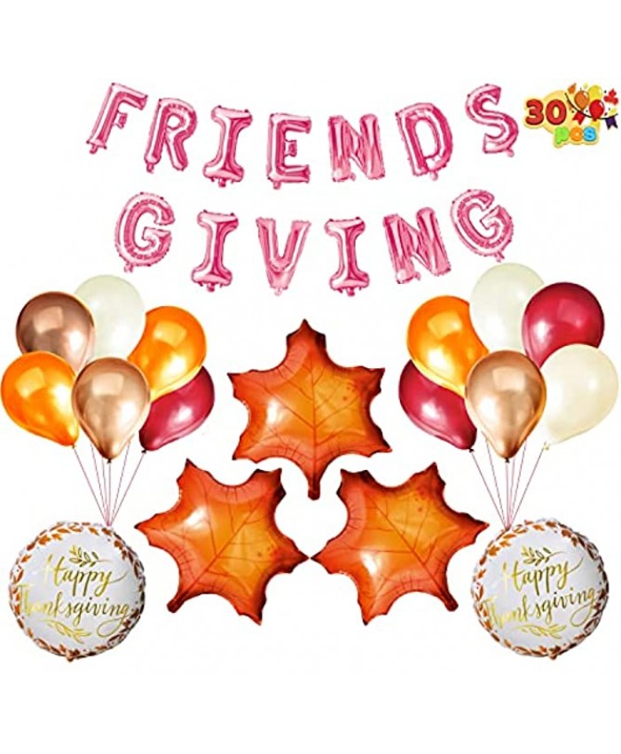 JOYIN 30 Pcs Thanksgiving Party Decoration Set Includes Pink FRIENDGIVING Foil Banner 3 Large Maple Leaf Balloons 2 Combo and 12 Latex Balloons Hanging Decoration Fall Holiday Decor Party Supplies