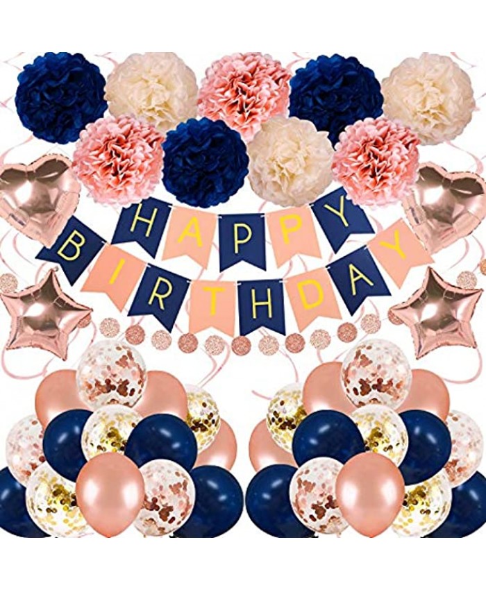 Navy Rose Gold Birthday Decorations 61 Pieces balloon kit with foil Balloons,Flower Pompoms,Round String Suit for 1st 16th 21th 25th 30th 35th 40th 50th 60th Women Grils Navy Rose gold Birthday Party
