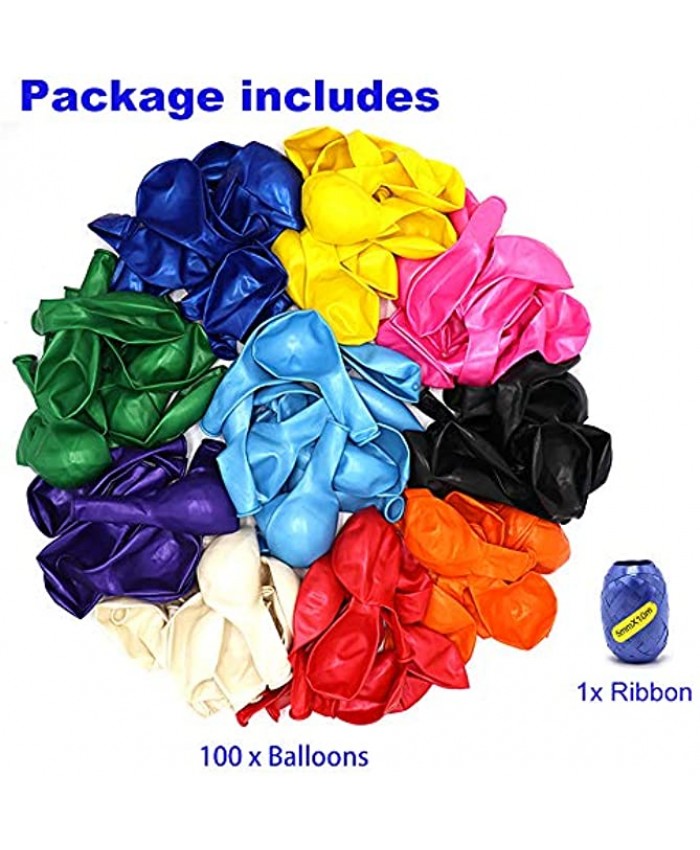 Premium 100 Balloons Latex Party Helium Colored Balloons 10 Assorted Colors 12 Inch Rainbow Colorful Balloons Bulk Pack for Birthday Parties Supplies and Arch Decoration