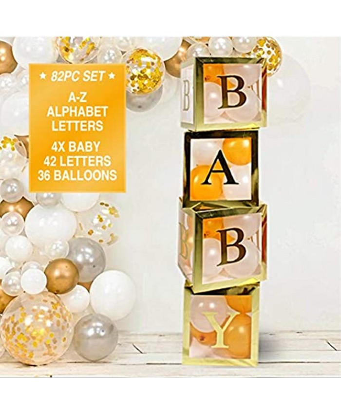 Regal Decorations 82 PCS Gold Neutral Baby Shower for Boy Girl-Jumbo Transparent Baby Block Balloon Boxes BABY A-Z Letters DYI Gold White Pink Blue Balloons|Gender Reveal Party Supplies Birthday