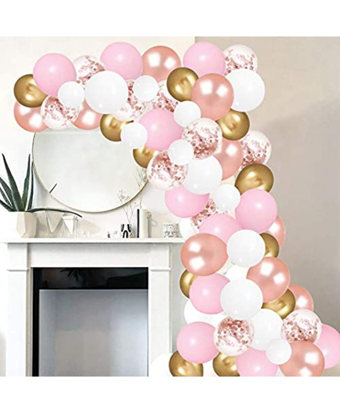Rose Gold Pink Balloon Garland Kit,100 Pack White and Rose Gold Confetti Latex Balloons with Strip Tape and Dot Glue for Wedding Birthday Party Decorations