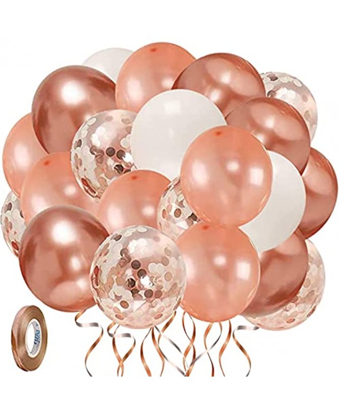 Vanjehou 60 Pack Rose Gold White Balloons 12inch Rose Gold White Confetti Balloons and Rose Gold Metallic Balloons for Girls Women Birthday Wedding Engagement Bachelor Bridal Shower Party Decorations