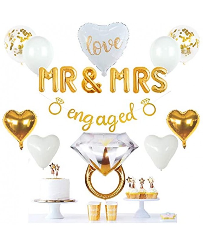 VIDAL CRAFTS Gold Engagement Party Decorations Gold Engaged Banner MR&MRS Balloon  Giant Ring Heart Balloons Gold Latex Confetti Balloons Gold Themed Decor