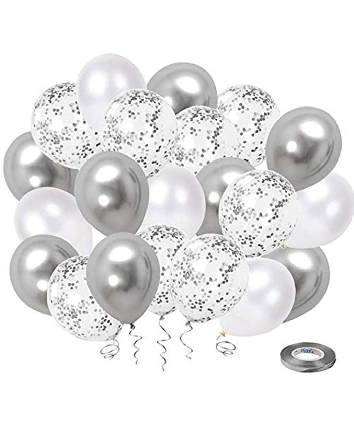 White Silver Confetti Latex Balloons 50 Pack 12inch Silver Metallic Chrome Party Balloon Set with Silver Ribbon for Wedding Birthday Baby Shower Decorations