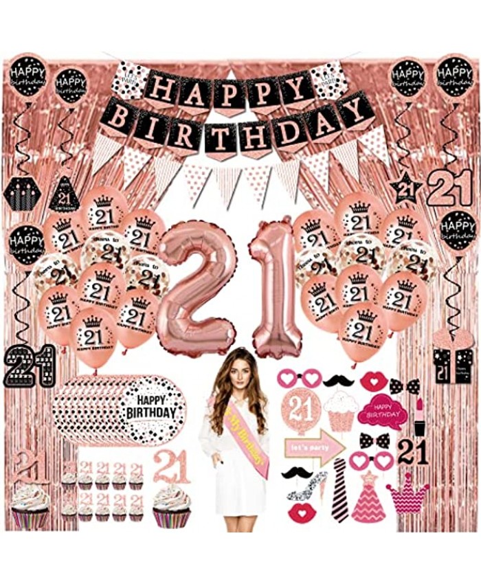21st Birthday Decorations for her 76pack Rose Gold Party Banner Pennant Hanging Swirl Birthday Balloons Foil Backdrops Cupcake Topper Plates Photo Props Birthday Sash for Women Gift