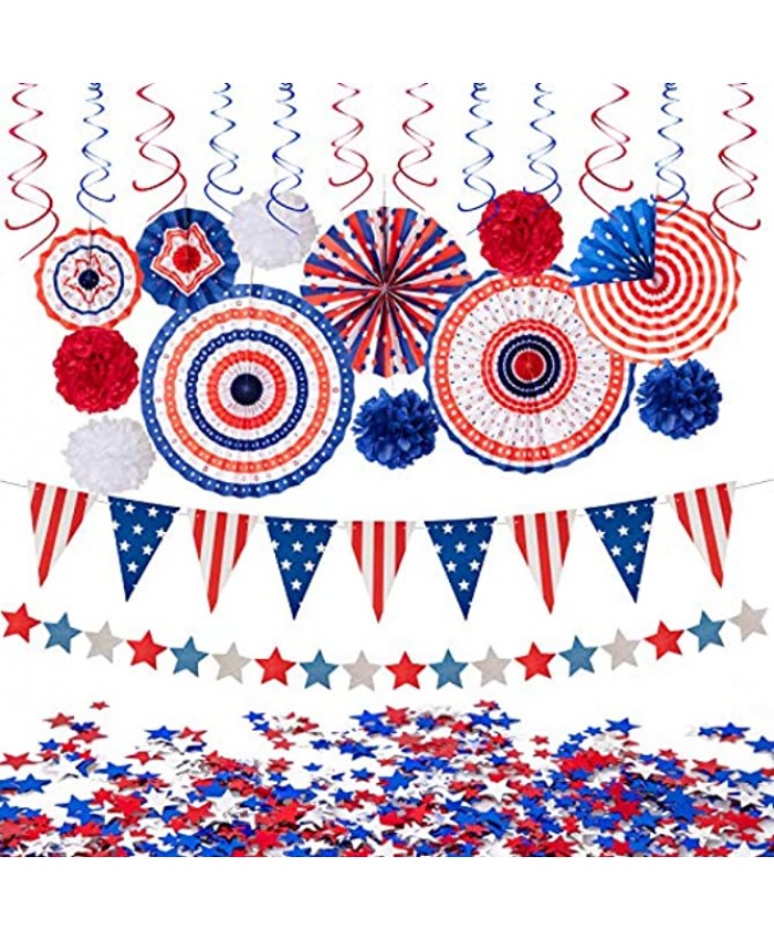 29PCS 4th Fourth of July Patriotic Decorations Set Red White Blue Paper Fans,USA Flag Pennant,Star Streamer,Pom Poms,Hanging Swirls Party Decor Supplies