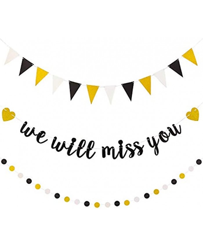 3 Pieces We Will Miss You Going Away Farewell Banner Decoration Gold Black Glitter Dot Circle Garland Triangle Flag Banner for Retirement Graduation Going Away Party Gifts Decorations