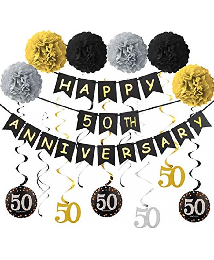 50th Anniversary Decorations Kit 50th Wedding Anniversary Party Decorations Supplies Including Gold Glitter Happy 50th Anniversary Banner 9Pcs Sparkling 50 Hanging Swirl  6Pcs Poms