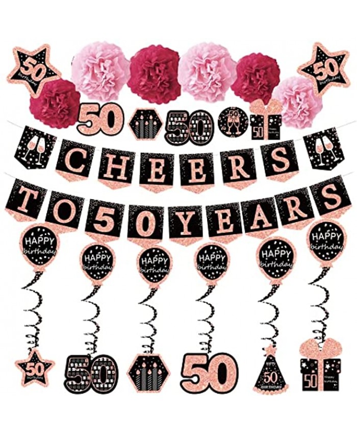 50th birthday decorations for women 21pack cheers to 50 years rose gold glitter banner for women 6 paper Poms 6 Hanging Swirl 7 decorations stickers. 50 Years Old Party Supplies gifts for women