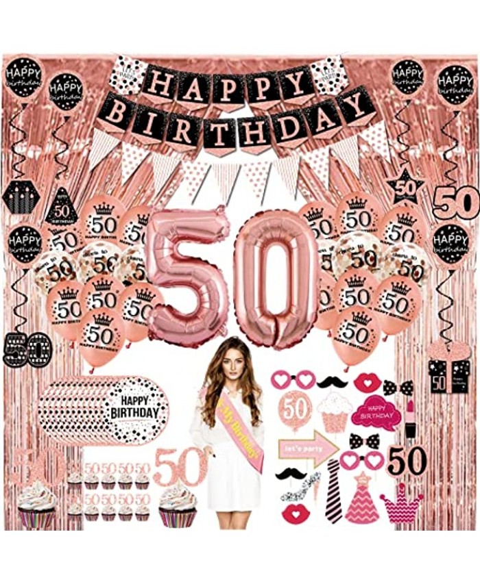 50th Birthday Decorations for Women 76pack Rose Gold Party Banner Pennant Hanging Swirl Birthday Balloons Foil Backdrops Cupcake Topper Plates Photo Props Birthday Sash for Gifts Women