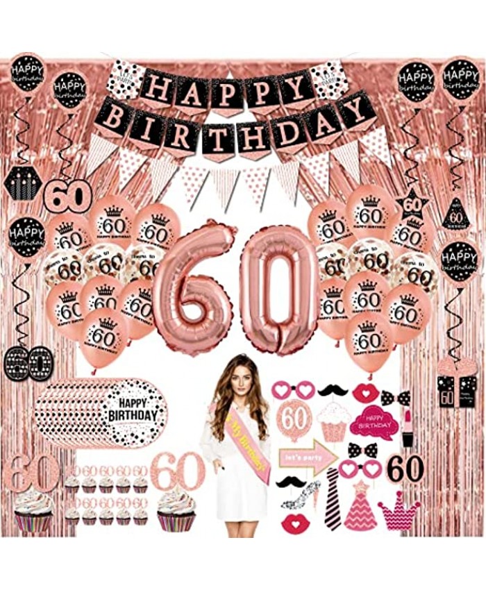 60th Birthday Decorations for Women 76pack Rose Gold Party Banner Pennant Hanging Swirl Birthday Balloons Foil Backdrops Cupcake Topper Plates Photo Props Birthday Sash for Gifts Women