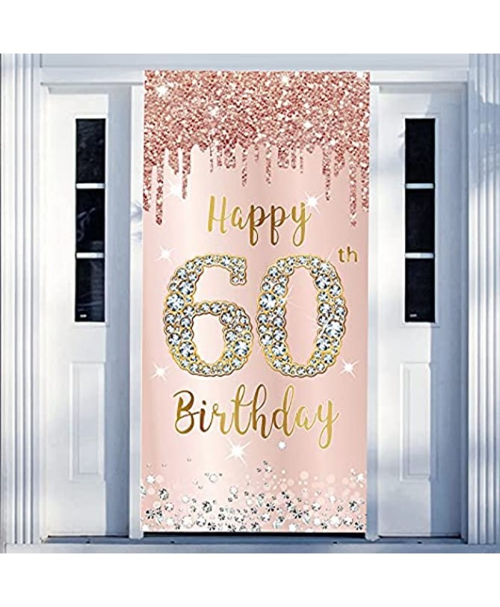 60th Birthday Door Banner Decorations for Women Pink Rose Gold Happy 60th Birthday Door Cover Backdrop Party Supplies Large Sixty Year Old Birthday Poster Sign Decor