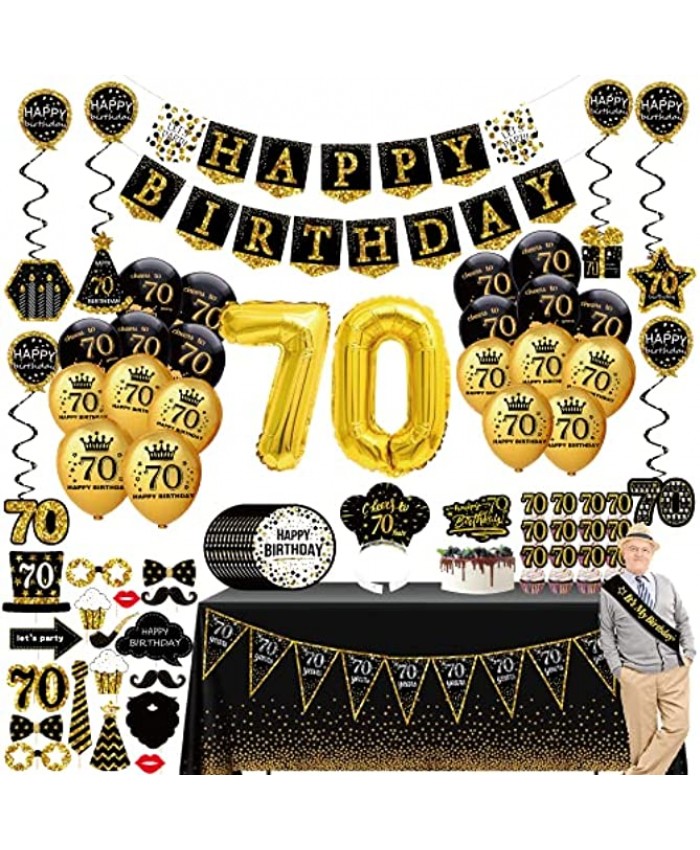 70th Birthday Decorations for Men 76pack Black Gold Party Banner Pennant Hanging Swirl Birthday Balloons Tablecloths Cupcake Topper Crown Plates Photo Props Birthday Sash for Gifts Men
