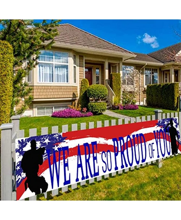 American Flag Patriotic Soldier We are So Proud of You Banner,Patriotic Theme Veterans Day 4th of July Memorial Day Deployment Returning Back Military Army Homecoming Party Decoration Proud
