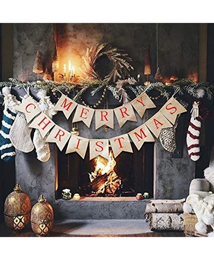 Blissun Merry Christmas Burlap Banners Jute Burlap Banners Merry Christmas Banner Decoration Christmas Banner for Fireplace Wall Tree Home Christmas Decor