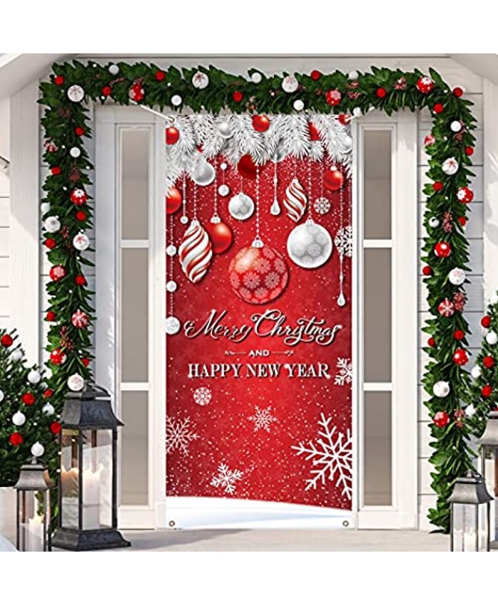 Christmas Door Cover Decoration Merry Christmas Tree Ornament Ball Photography Backdrop Outdoor Sign for Home Wall Indoor Outdoor Party