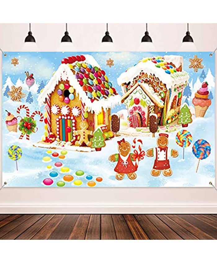 Christmas Holiday Decorations Supplies Large Fabric Sweet Holiday Scene Banner Winter Wonderland Gingerbread Backdrop for Christmas Wall Decorations Party Photo Booth Props Background Banner