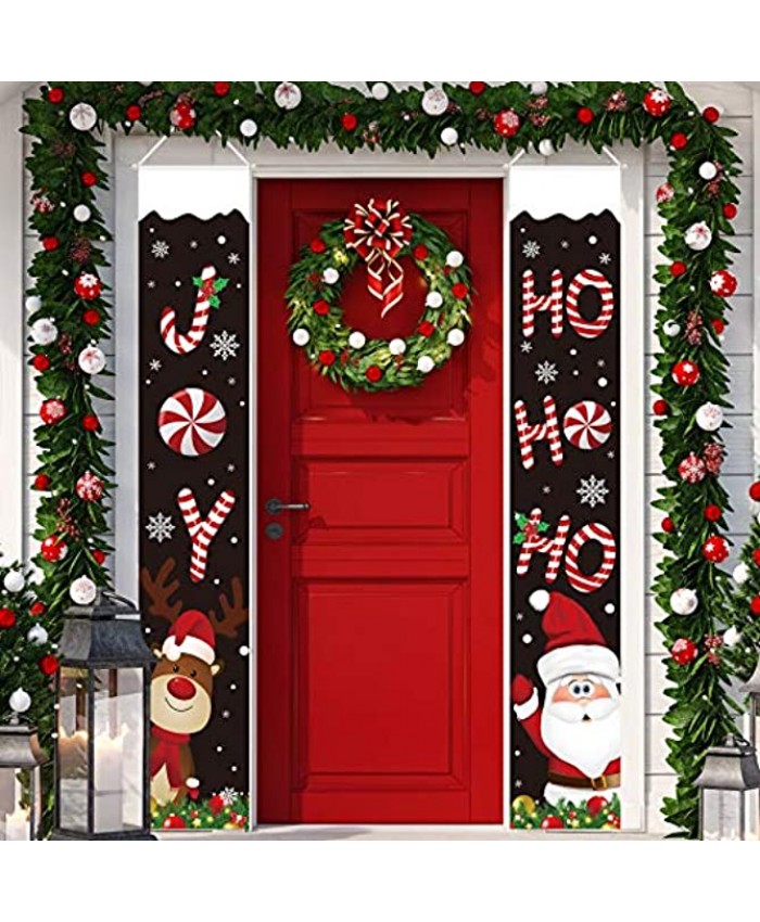 Christmas Porch Sign Decoration Christmas Hanging Banner with Santa Claus Deer Outdoor Xmas Banner Front Door Sign Banner for Indoor Outdoor Holiday Home Decoration