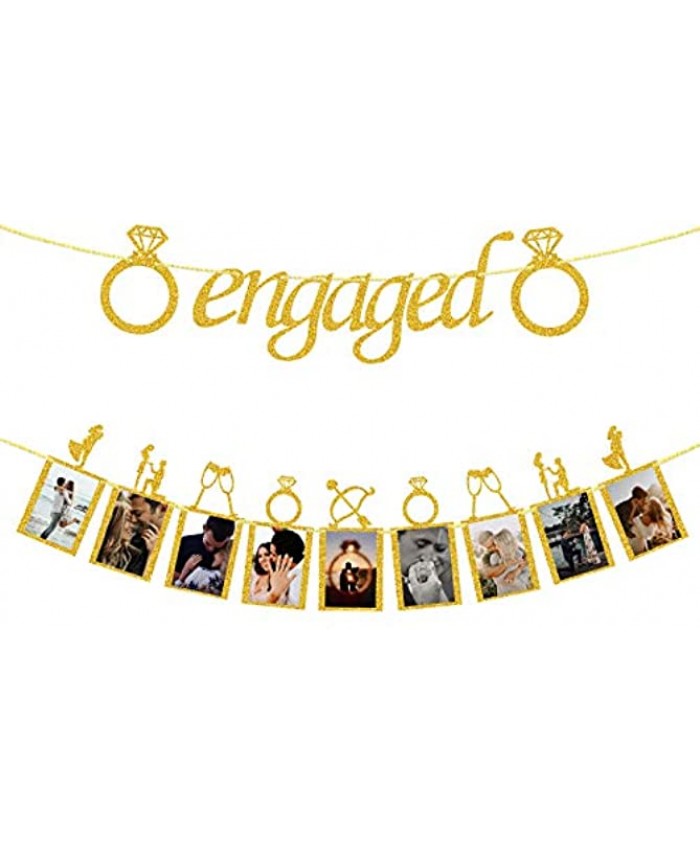 Engagement Wedding Decorations Gold Engaged Banner and Photo Banner with Romantic Memories Picture Card Frames for Engaged Wedding Anniversary Valentines Day Party
