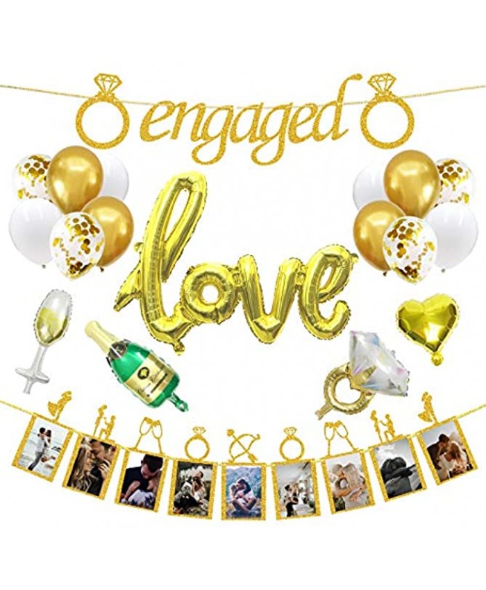 Engagement Wedding Decorations,Gold Engaged Banner Photo Banner and Set of 12+5 distinctive Balloons for Engagement Wedding Anniversary Valentines Day Party