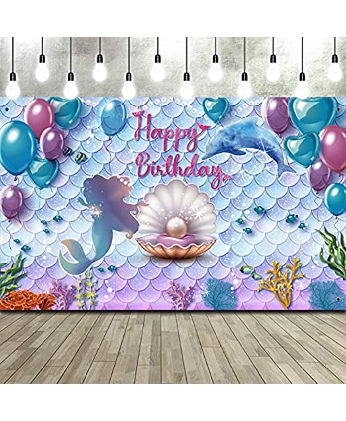 Frienda Under The Sea Little Mermaid Birthday Party Backdrop Girl Princess Mermaid Scales Birthday Photo Booth Backdrop Purple Blue Mermaid Pearl Whale Background Banner for Party Decor 71 x 43 Inch