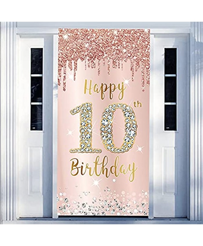 Happy 10th Birthday Door Banner Backdrop Decorations Pink Rose Gold 10 Year Old Birthday Party Door Cover Sign Supplies Large Ten Birthday Poster Background Photo Booth Props Décor