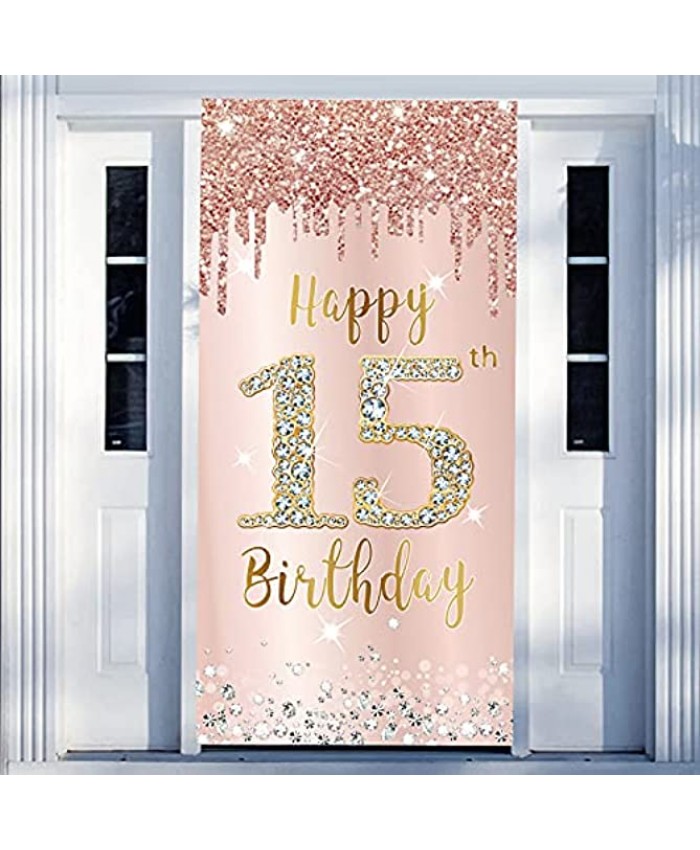 Happy 15th Birthday Door Banner Decorations for Girls Pink Rose Gold 15 Birthday Party Backdrop Door Cover Sign Supplies Fifteen Year Old Birthday Poster Background Decor