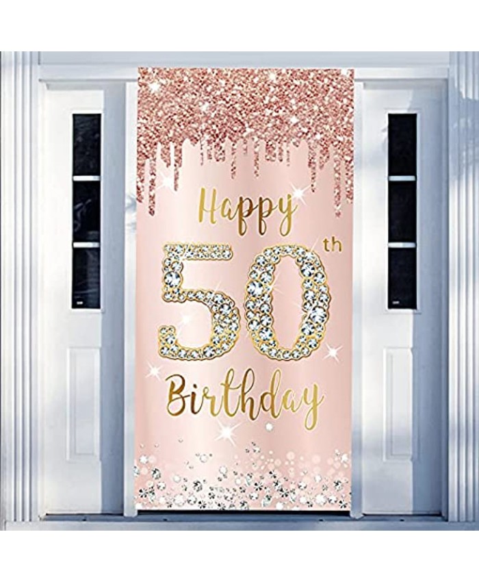 Happy 50th Birthday Door Banner Decorations for Women Pink Rose Gold 50 Birthday Party Door Cover Sign Backdrop Supplies Fifty Year Old Birthday Poster Background Photo Booth Props Decor