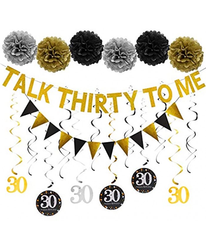 Kauayurk Talk Thirty to Me Banner Decorations Kit 20Pcs Gold Happy 30th Birthday Party Supplies Decor for Him & Her Including Talk Thirty to Me Banner Triangle Flag 12pcs Swirl 6pcs Poms