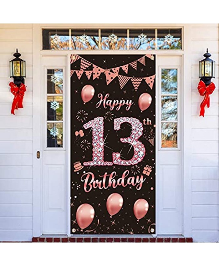 Lnlofen 13th Birthday Door Banner Decorations for Girls Large 13 Year Old Birthday Party Door Cover Backdrop Supplies Rose Gold Happy 13th Birthday Poster Sign