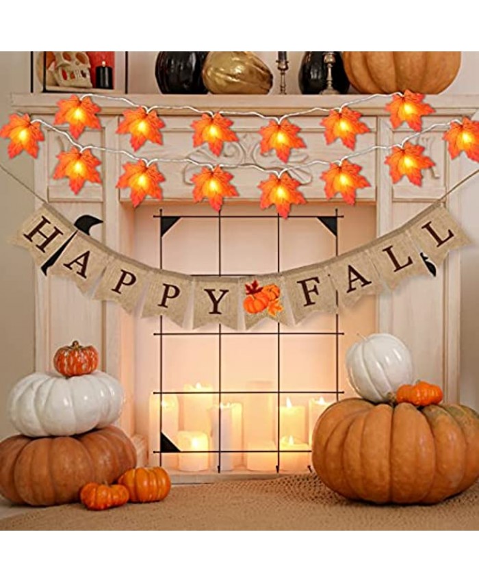 MCEAST Fall Leaf Garland with Lights 9.8 Feet Fall Foliage Garland with Happy Fall Burlap Banner Halloween Thanksgiving Decorations for Home Office School Party Decor