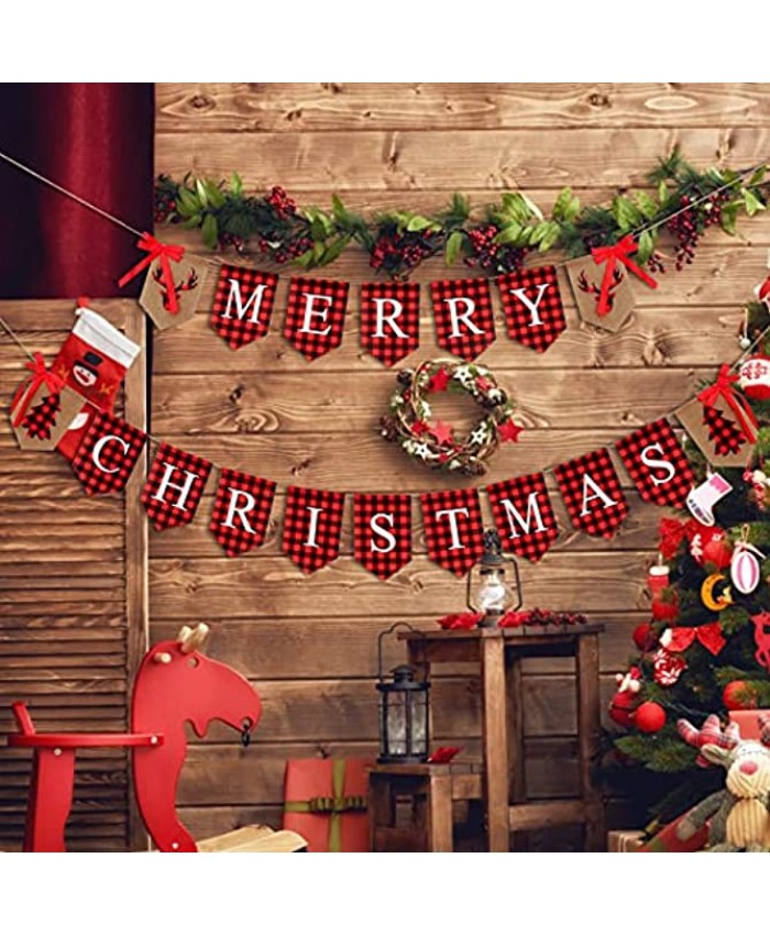 Merry Christmas Banner Burlap Garland Christmas Decorations Vintage Xmas Banner for Fireplace Mantel Black Red Plaid Letters Banner Xmas Party Supplies Decorations