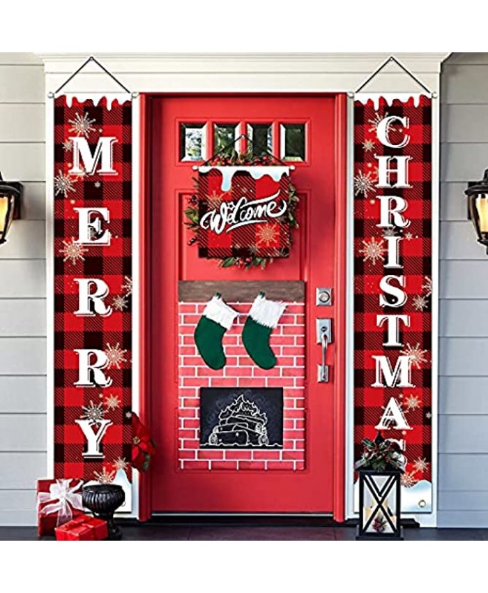 Outdoor Christmas Decorations Merry Christmas Banners Porch Sign for Outdoor Indoor Front Door Welcome New Year Bright Red Xmas Porch Sign Hanging for Home Wall Door Holiday Party Decor