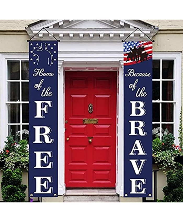 Patriotic Soldier Porch Sign Banners -“HOME of the FREE” and “Because of the BRAVE”- 4th of July Decor American Flag Hanging Banner for Independence Day  Memorial Day  Veterans Day  Labor Day