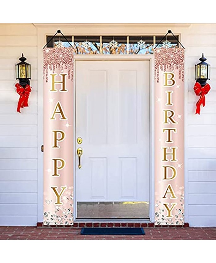 Pink Rose Gold Happy Birthday Door Banner Decorations Birthday Party Porch Sign Supplies for Women Girls Sweet 16th 21st 30th 40th 50th 60th Birthday Decor