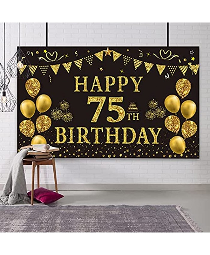 Trgowaul 75th Birthday Backdrop Gold and Black 5.9 X 3.6 Fts Happy Birthday Party Decorations Banner for Women Men Photography Supplies Background Happy Birthday Decoration