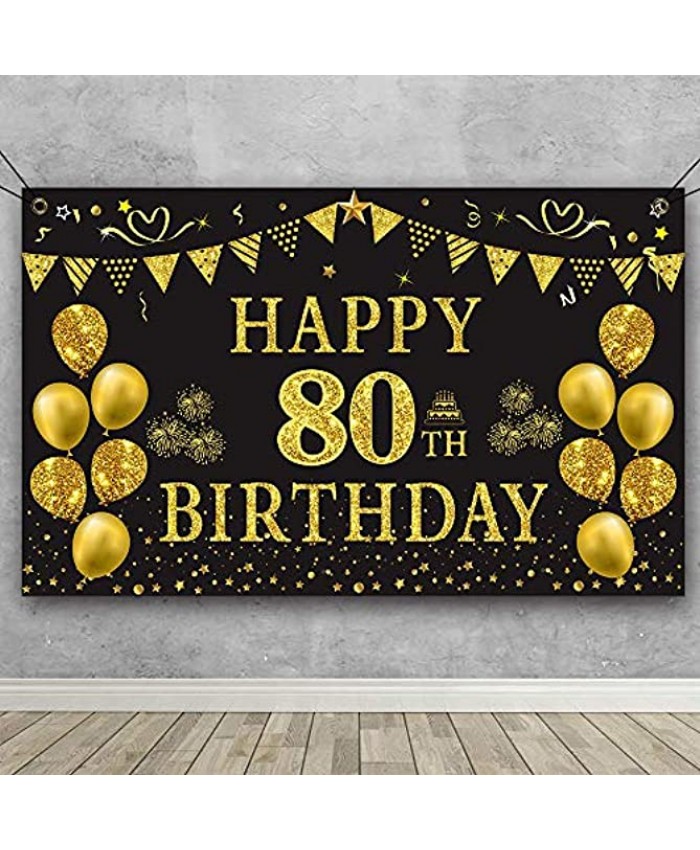 Trgowaul 80th Birthday Backdrop Gold and Black 5.9 X 3.6 Fts Happy Birthday Party Decorations Banner for Women Men Photography Supplies Background Happy Birthday Decoration