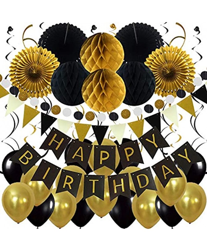 ZERODECO Birthday Party Decoration Happy Birthday Banner with Paper Fans Honeycomb Balls Triangular Pennants Circle Paper Garland Hanging Swirls and Balloons Black and Imitation-Gold
