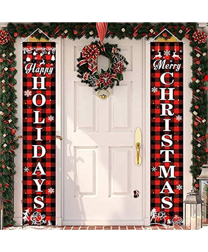 ZiegLad Merry Christmas Banner Front Porch Sign Buffalo Plaid Christmas Door Banner Christmas Hanging Banner for Yard Home Fireplace Front Door Indoor Outdoor Xmas Party Holiday Burlap Flag Banner