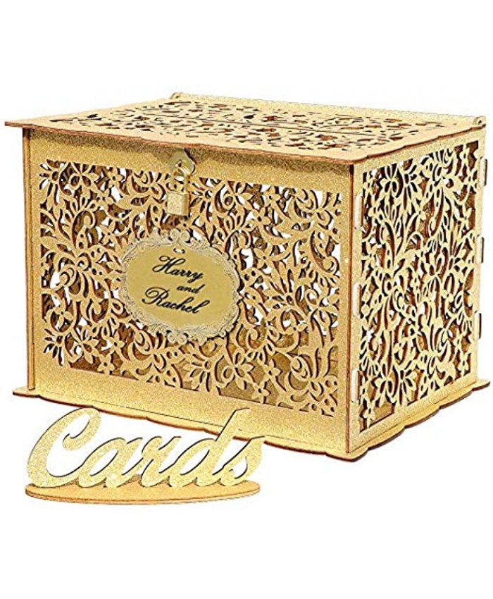 OurWarm Glittery Gold Wedding Card Box with Lock Wood Gift Card Box Holder Money Box for Wedding Reception Birthday Party Baby Shower Open House Celebration or Graduation Party Decorations