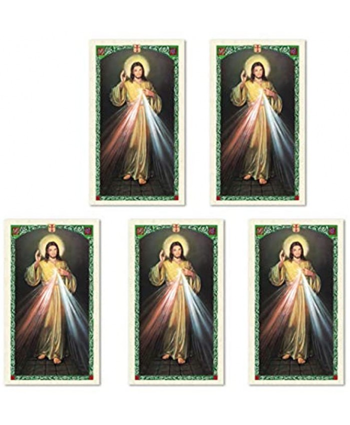 Holly Lines Five-Pack Divine Mercy Image Laminated Holy Cards with Full Chaplet Pack of Five Detailed Color Divine Mercy Holy Prayer Cards with St. Faustinas Chaplet Prayer for Religious Gifts
