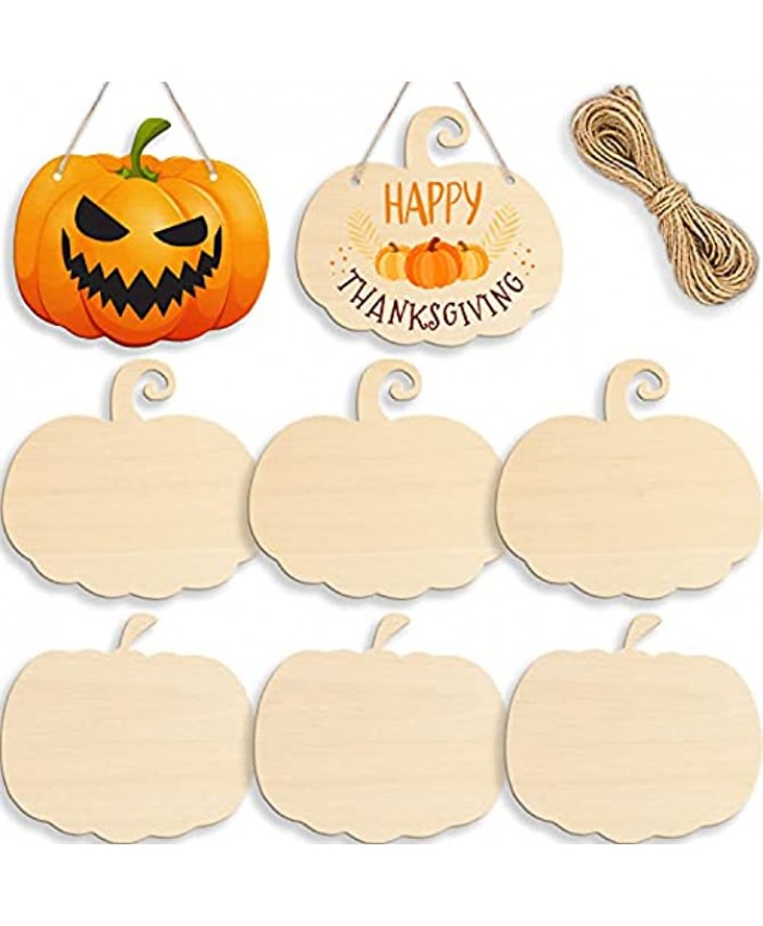 Wooden Pumpkin Cutouts 6 Pieces Unfinished Wood Thanksgiving Fall Decoration Blank Pumpkin Craft Cutout with Jute Twine for DIY Craft Halloween Party Supplies