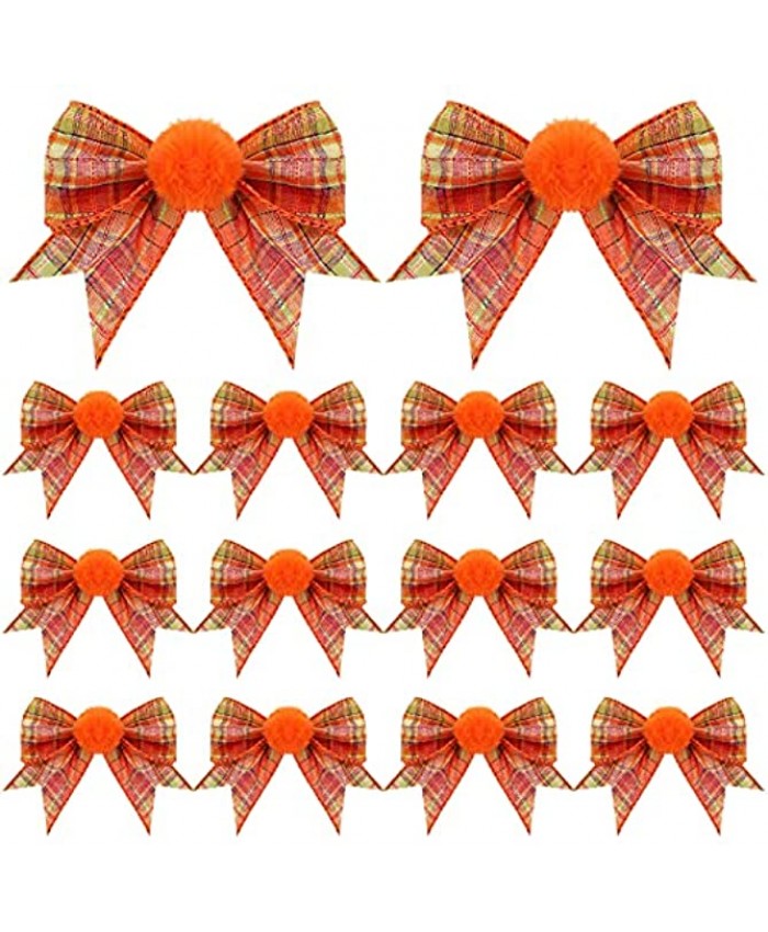12 Pieces Fall Plaid Bows Thanksgiving Wreath Bows with Furry Ball Orange Buffalo Plaid Bow Decors Autumn Themed Rustic Decorative Bows for Fall Tree Topper Thanksgiving Party Autumn Harvest Decor