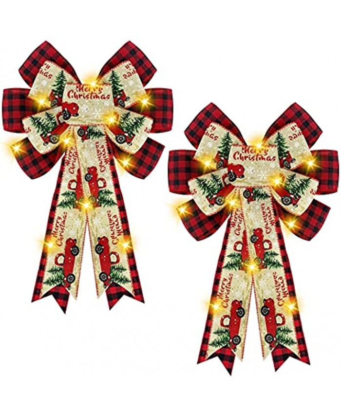 2 Pack Lighted Large Christmas Bows Wreath Decoration,Total 20 Warm Lights Battery Operated Xmas Tree Ornaments Topper Christmas Decor Home Indoor Outdoor Holiday,20"x12" Red Plaid Truck Xmas Tree