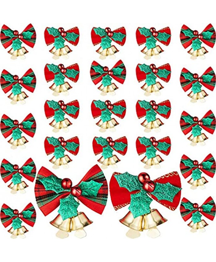 24 Pieces Christmas Bow with Bells Christmas Tree Hanging Wreath Decorations Bowknot Ribbon Bows for Christmas Tree Presents Decorations Charms Ornaments 2 Styles